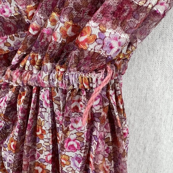 Vintage 80s Dress Womens Small Pink Sheer Striped 3/4 Sleeve Midi Tiny Floral - Picture 12 of 16